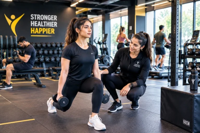 Best Gym in Lahore – Curves Fitness Pro trainer guiding a female member through a dumbbell lunge exercise