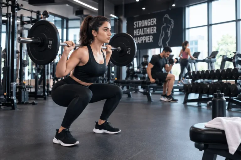 Woman doing barbell squats in a modern Body Fitness Gym Lahore, surrounded by professional gym equipment.
