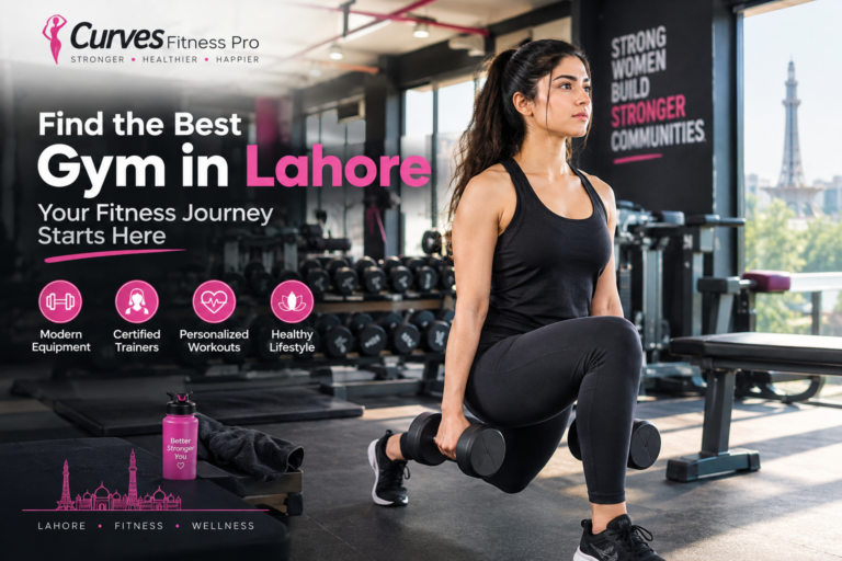 Curves Fitness Pro gym in Lahore featuring a woman performing a dumbbell lunge in a modern fitness center.