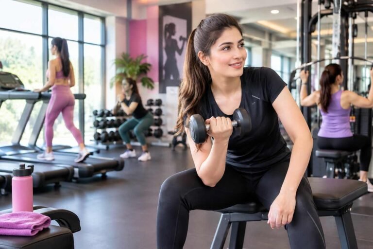 Ladies Fitness Gym with women performing strength and cardio exercises in a modern workout space.