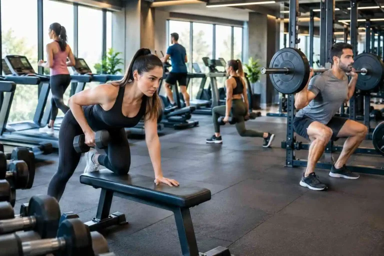 Co Gym in Lahore – Curves Fitness Pro members training with dumbbells and squat rack.